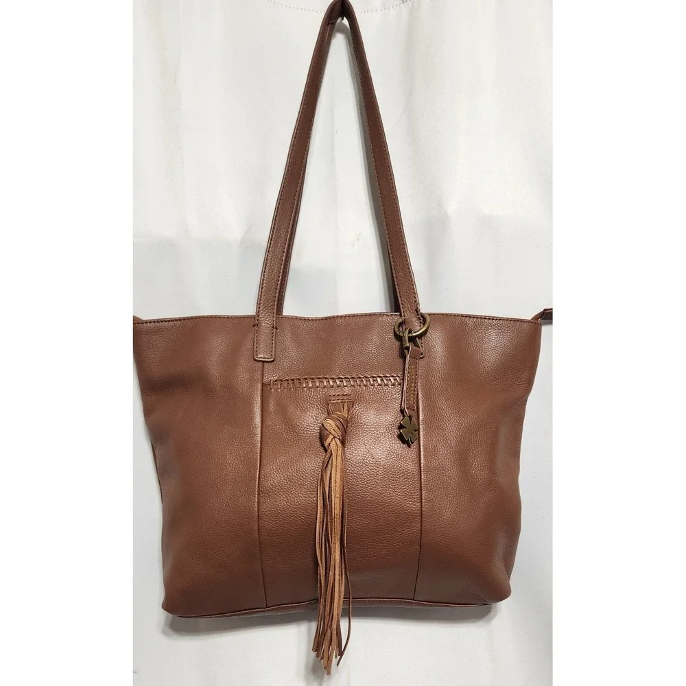 Lucky Brand Cognac Brown Pebbled Leather Tote Bag with Tassel and Clover Charm